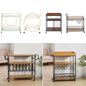Large Industrial Glass Wooden Kitchen Drinks Trolley Serving Cart Wine Shelves - Picture 1 of 22