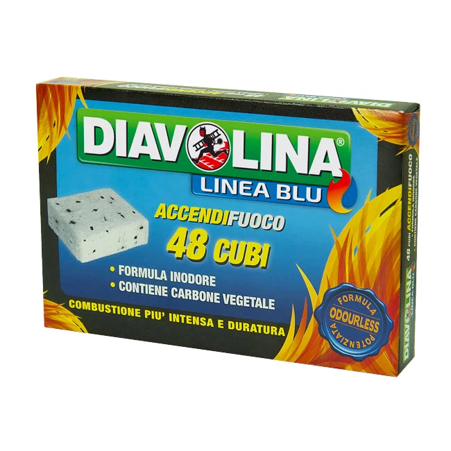 DIAVOLINA LINEA BLU 48 CUBI ACCENDIFUOCO INODORE ACCENDI CAMINO BARBECUE STUFE