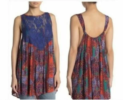 **NEW WITH TAGS**Free People Count Me In Trapeze Boho Tank-Top~Hot Red Combo~S - Image 1 of 4