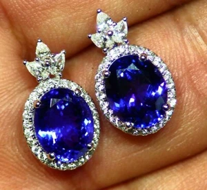 6,81 KT 18K Gold Natürlicher Tansanit Diamant Nieten Halo Verlobungsohrringe Vintage - Bild 1 von 8