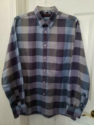 VINTAGE 80s SASSON PARIS SHIRT CHECK MENS L PURPLE BLUE LONG SLEEVE BUTTON FRONT - Image 1 of 4