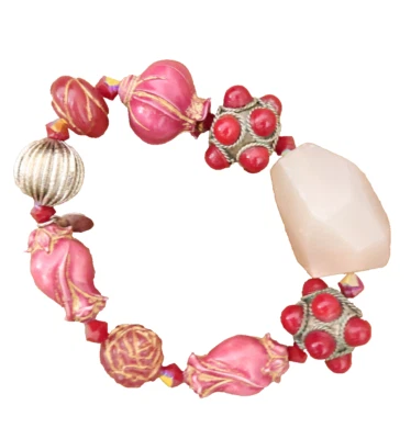 Tarina Tarantino bracelet red cabochon clusters w/ pink tulips large stone bead - Image 1 of 4