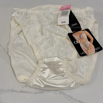 NWT Vintage OLGA 20080 Ivory Lacy Textures Satin Back HI-CUT Brief Panties Med - Image 1 of 4
