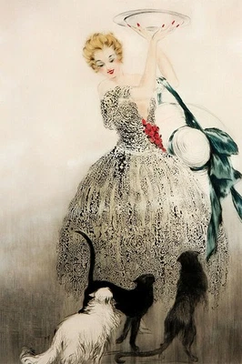 361209 Fashion Lady Black White Cats Louis Icart Art Decor Print Poster - Image 1 of 4
