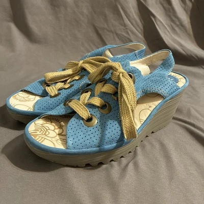 Fly London Zapatos Azul Mujer 40 Sandalia Cuña Con Cordones Plataforma Cuero Foto 1 de 4