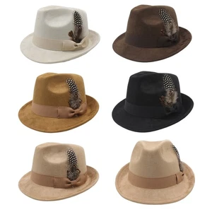 Classic Fedora Hats for Men Women Short Brim Felt Feather Hat Panama Dress Hat - Picture 1 of 17