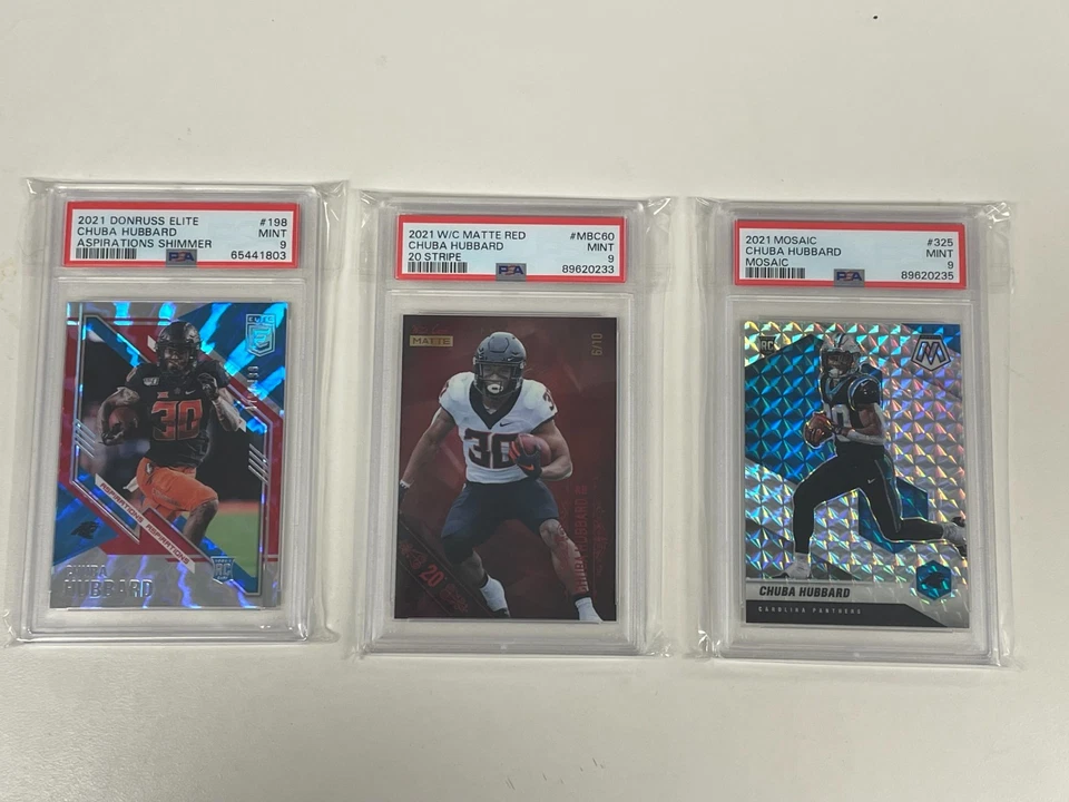 CHUBA HUBBARD RC 3 CARD PSA 9 LOT 2021 ELITE  WILD CARD MOSAIC CAROLINA PANTHERS - Image 1 of 1