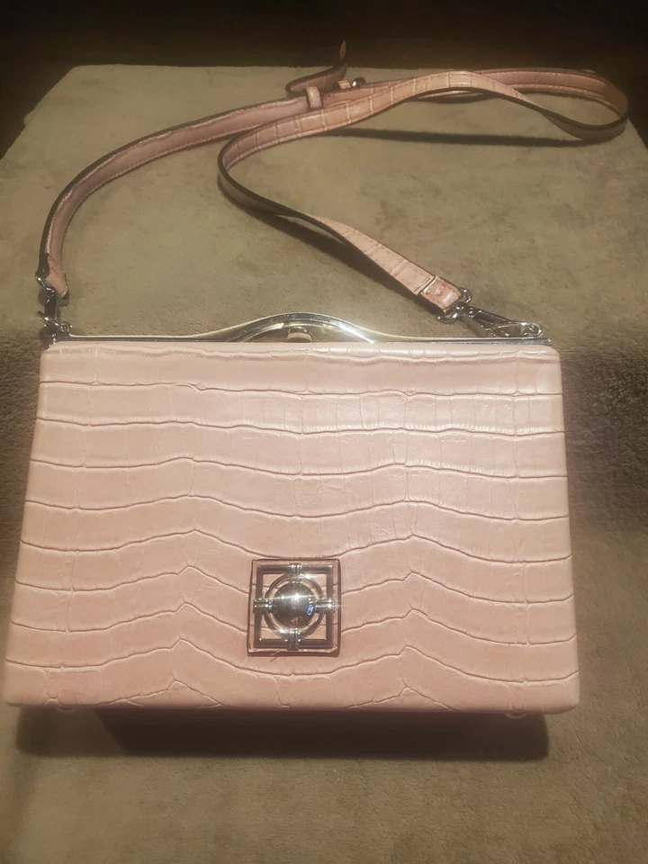 CATHERINE MALANDRINO Small Hard Case Frame Crossbody Bag Purse Pink Faux Croc - Image 1 of 4