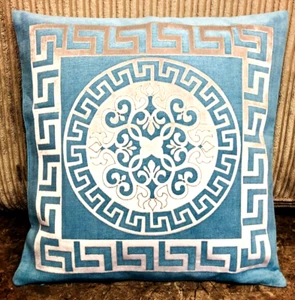 Greek Keys/Border  Circle Turquoise & Silver Decorative Pillow Throw Cover - Picture 1 of 3