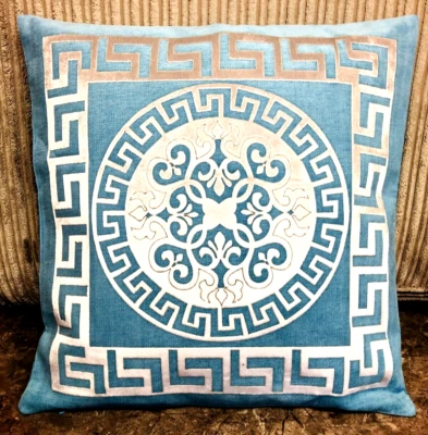 Greek Keys/Border  Circle Turquoise & Silver Decorative Pillow Throw Cover - Image 1 of 3