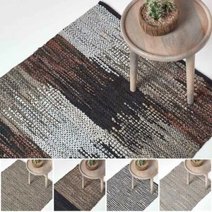 Real Leather Handwoven Black Grey Brown Hall Runner Textured Pattern 66 x 200 cm - Picture 1 of 24