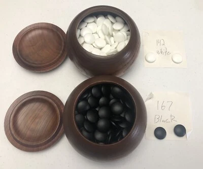 Japanese Go Stone Goishi Game Pieces Vtg Igo Brown Wooden Bowls - Image 1 of 4