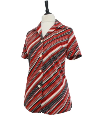 Vintage 1970s Striped Shirt Retro RED Black White MOD Short Sleeve Blouse Top M - Image 1 of 4