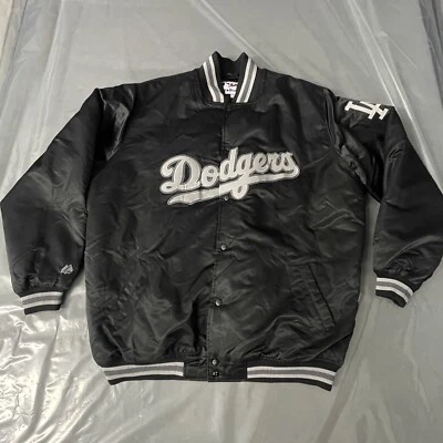 Dodgers LA Bomber Jacket Majestic Vintage Distressed MLB Black Satin Mens 3XL - Image 1 of 4