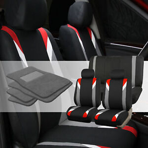 Car Seat Covers Set For Auto Sedan Red W/ 4PC Gray Carpet Floor Mats