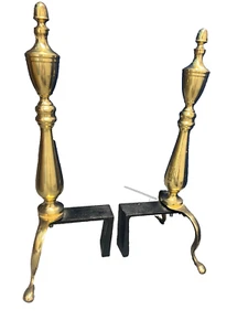 Andirons Fireplace Vintage Solid Brass Cast Iron pair 2 Colonial style - Picture 1 of 7