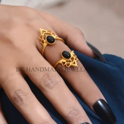 Anillo de piedras preciosas de ónix negro natural, anillo llamativo, joyería de regalo chapada en oro, Foto 1 de 4