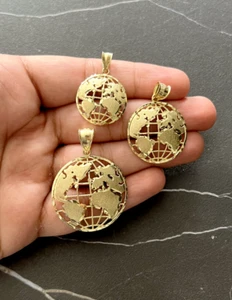 10K Solid Yellow Gold Globe World Map Round Charm Pendant Real Gold Planet Earth - Picture 1 of 13