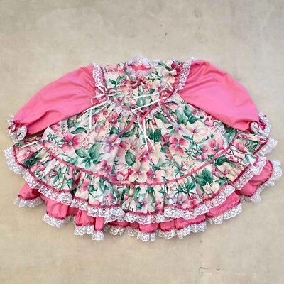 Vtg 80s Marthas Miniatures Style Pinafore Dress Set Pink Lace Ribbon Full Circle - Image 1 of 4