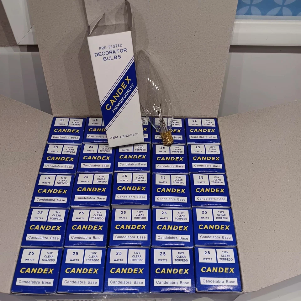 Case of 25 Candex 25W 120V  Clear Torpedo Candelabra E12 Small Base Bulb - Image 1 of 3