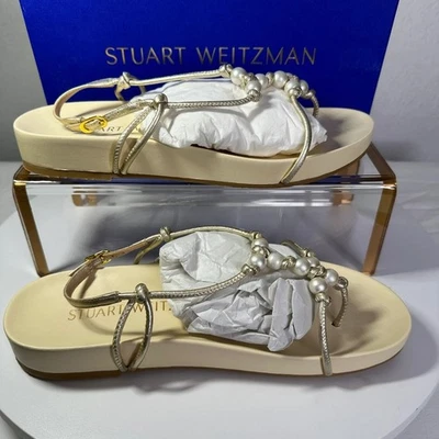 Sandalias Stuart Weitzman para mujer 9 B nudo perla planas cuero platino silenciosas de lujo Foto 1 de 4