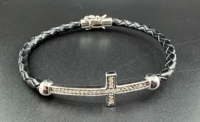 STERLING SILVER 925 1/10TCW ROUND DIAMOND CROSS BLACK LEATHER BRACELET 7" - Image 1 of 4