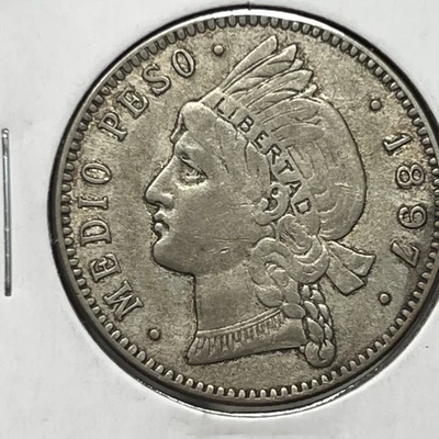 1897 Доминиканская Республика Medio-1/2 Песо LIBERTAD Серебро F/XF Детали (очищенный) - Изображение 1 из 3