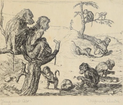 Wilfriede André 1912-1999 Hildburghausen /Radierung "Jung und Alt" Affen Familie - Bild 1 von 4