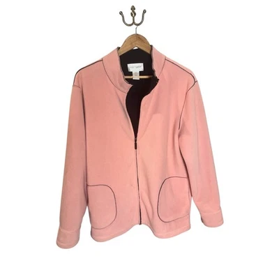 Sport Savvy Women's Pink Fleece Zip Up Light Jacket Large Black Stitch Vintage - Image 1 of 4