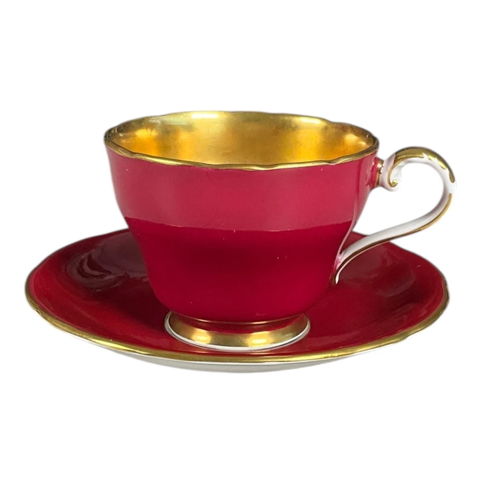 Vintage AYNSLEY Bone China England Rare Find Deep Red & Gold Tea Cup & Saucer - Image 1 of 4