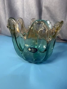 Murano Green & Gold Large White Crystal Hand Blown Glass Vase Made in Italy Bowl - Picture 1 of 7
