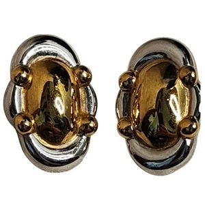 ESSEX Vintage 70s Sculptural Gold and Silver Oval Clip On Earrings - Picture 1 of 7
