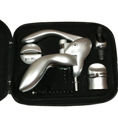 Sacacorchos Houdini Metrokane en plateado metálico y estuche de transporte Foto 1 de 4