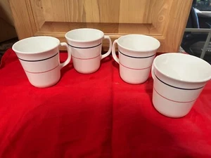 Corelle Plymouth White W/ Blue & Red Stripe Mug Coffee Tea Cup Set Of 4~D Handle - Picture 1 of 1