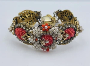 Miriam Haskell Vintage Gold Plated Pearl & Pink Orange Celluloid Flower Bracelet - Picture 1 of 8