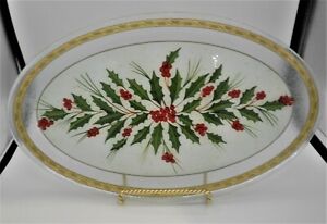Gorham Serving Platter Festive Holly Glass Oblong Dish Retired Christmas Pattern
