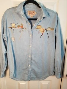 Camisa Woolrich Mujer S Azul Cambray Herramienta de Jardín Bordada Manga Larga Botón - Imagen 1 de 7