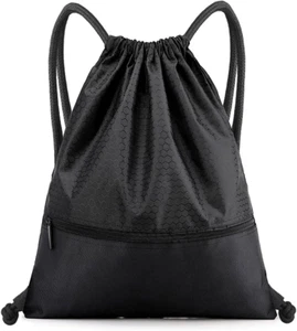 Drawstring Backpack Bag, Waterproof Draw String Back Sack with Zip Pocket, Gym D - Picture 1 of 12