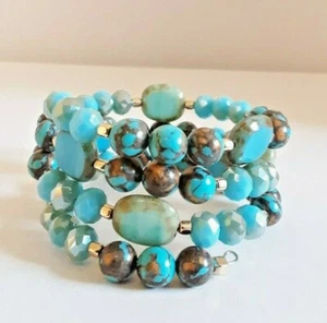 Handmade Beaded Healing Bracelet Czech Turquoise Siderolite - Picture 1 of 6