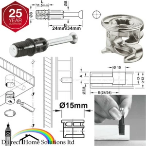 HAFELE MINIFIX C100 Ø15mm CAM LOCK BOLTS & FIXING DOWELS FURNITURE FIT FLAT PACK - Picture 1 of 20