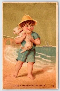 1880 ZOZOR REGRESANDO DEL BATH TERRIER PERRO CACHORRO PLAYA NIÑO TARJETA FRANCESA - Imagen 1 de 2