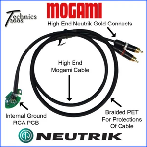 5FT TECHNICS 1200 1210 MOGAMI RCA PHONO CABLE NEUTRIK GOLD TIP INTERNAL GND PCB - Picture 1 of 16