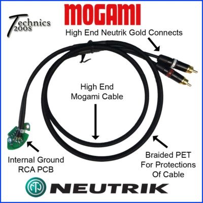 MOGAMI TECHNICS 1200S.COM 5FT TECHNICS 1200 1210 MOGAMI RCA PHONO CABLE NEUTRIK GOLD TIP INTERNAL GND PCB