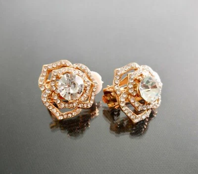Clip On Earrings Womens Clear Rhinestone Rose Gold Tone Flower Wedding Evening - Image 1 of 4