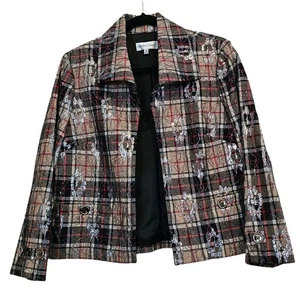 Andre Oliver Plaid Blazer Jacket Women's Size 8 Button Front Silver Accent - Picture 1 of 10