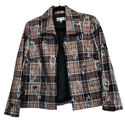 Andre Oliver Plaid Blazer Jacket Women's Size 8 Button Front Silver Accent - Image 1 of 4