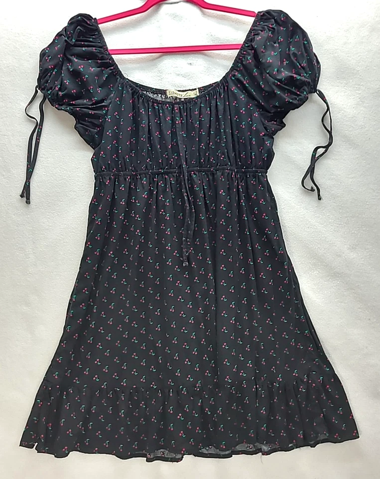 Liberty Love Dress Womens XL Black Red Cherries Milk Maid Babydoll Puff Sleeve - Image 1 of 4