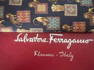 Salvatore Ferragamo Tie Silk Blue Animals Leoni Ghepardi Elephants Vintage - Picture 1 of 9