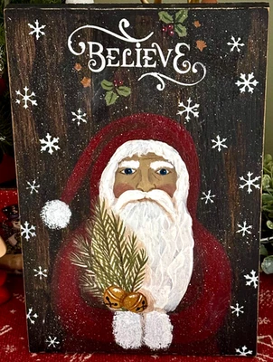 *~* HAND PAINTED SANTA *~* BELIEVE *~* PINE & BELLS *~* XMAS *~* RECLAIMED WOOD - Image 1 of 3