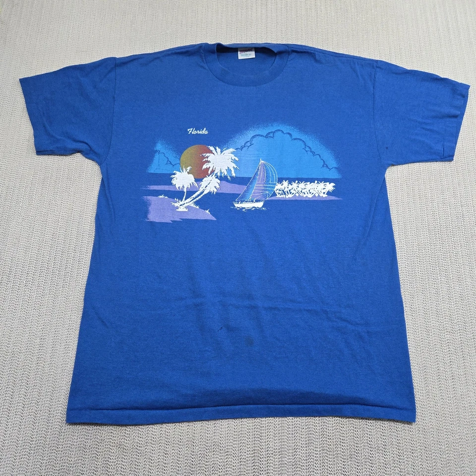 Camisa De Colección Bravo Florida Para Hombres XL Azul Velero Palmera Puesta de Sol Playa Años 80 Camiseta Foto 1 de 4